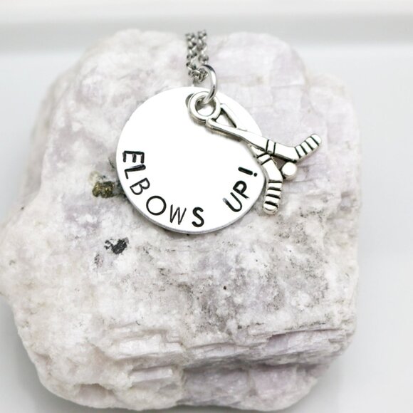 Elbows Up! Hockey Hand Stamped Necklace - Handmade & Hypoallergenic - Picture 1 of 12